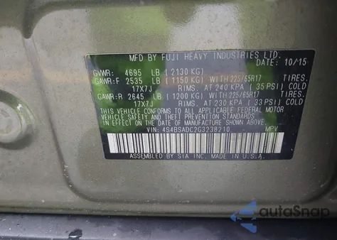 2016 Subaru Outback 2.5I Premium из США, поврежденный, VIN 4S4BSADC2G3238210